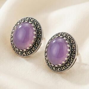 Vintage 925 Sterling Silver Lavender Jade Marcasite Oval Stud Earrings